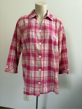 Tog Shop Pink and White Plaid Button-Down Collard Neck 3/4 Sleeves L Shirt